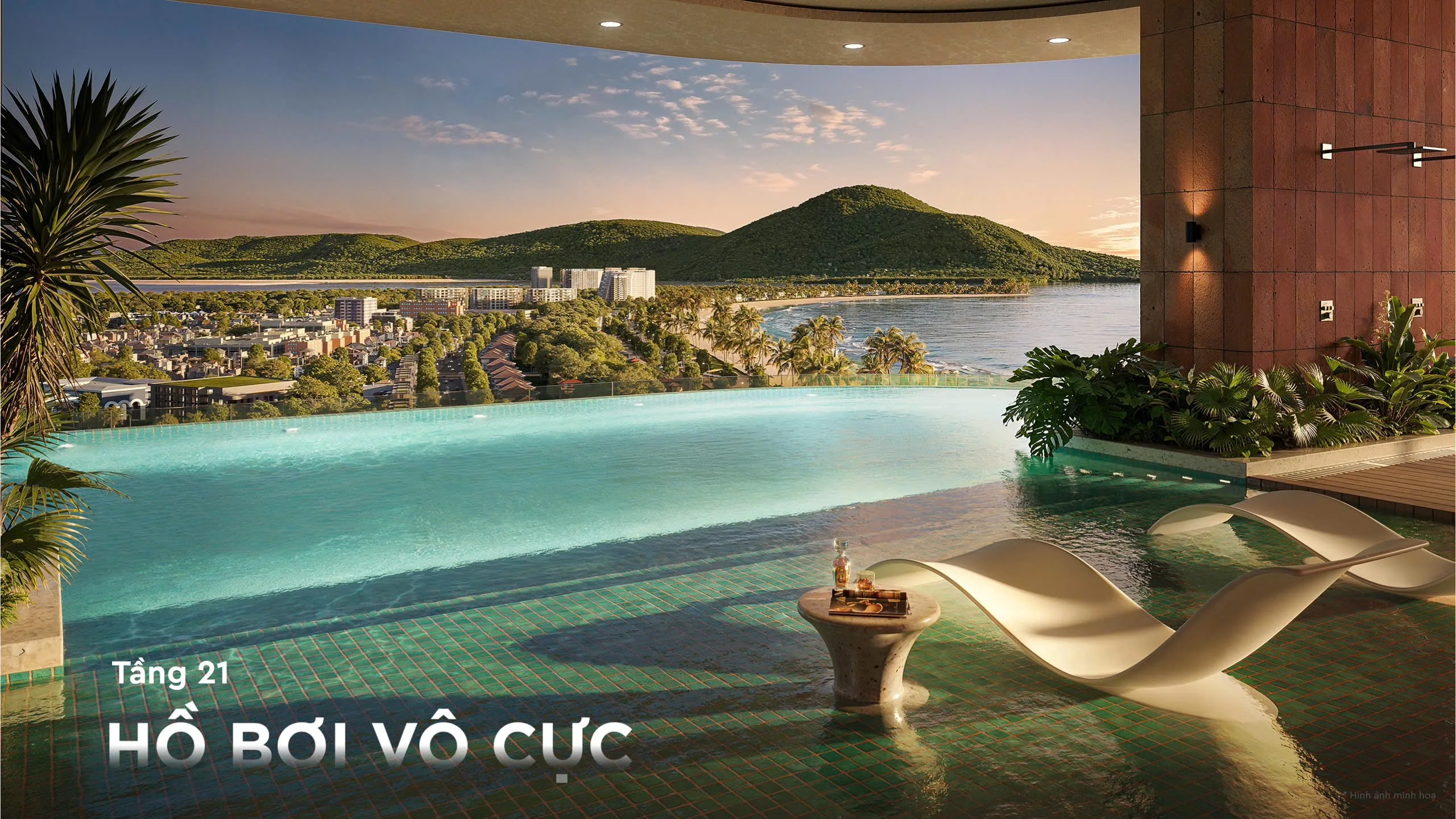 Hồ bơi vô cực tầng 21 Q'Terra nhìn ra vịnh biển uốn cong