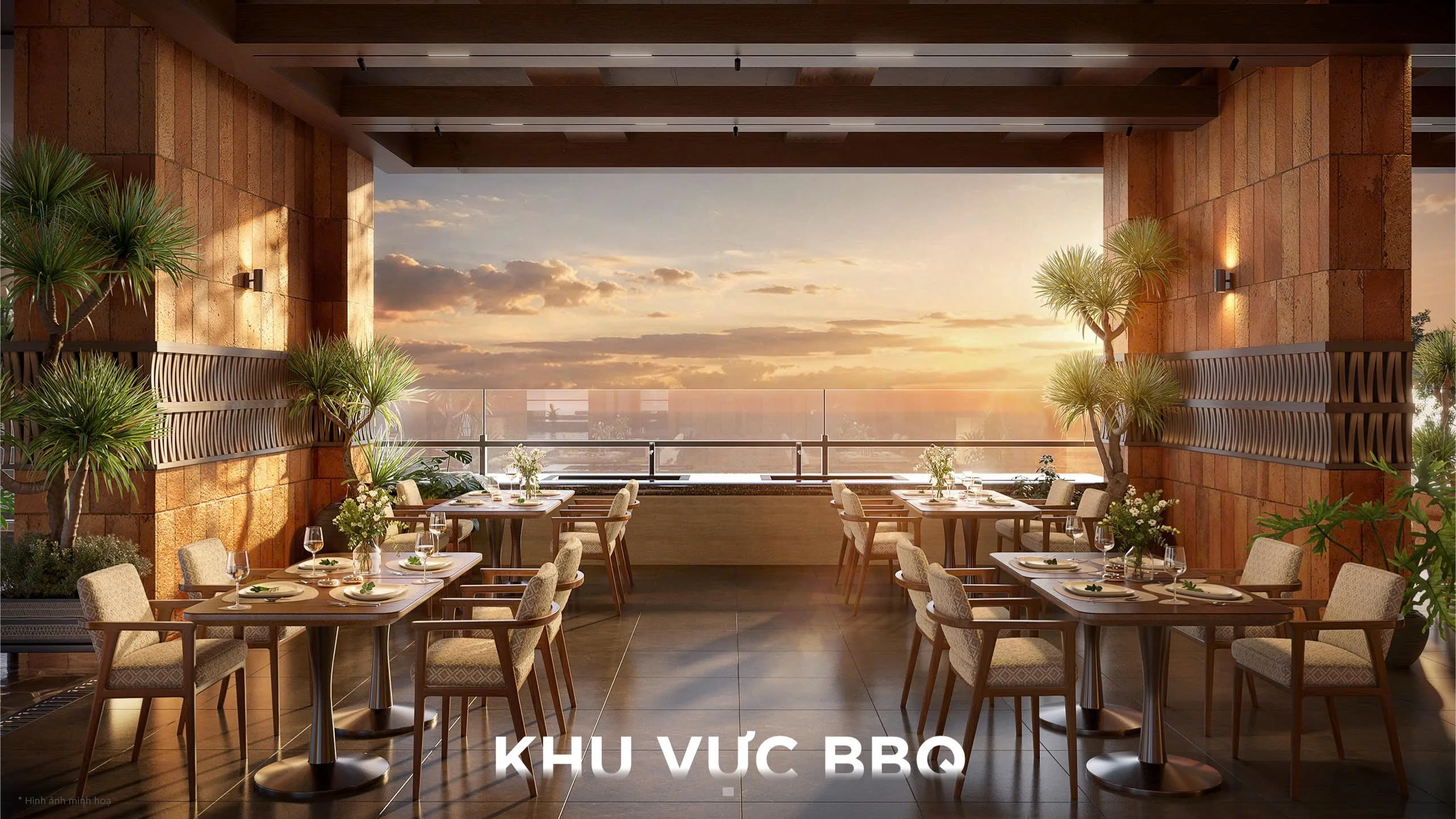 Khu vực BBQ ngoài trời tại Q'Terra đón hoàng hôn phía biển