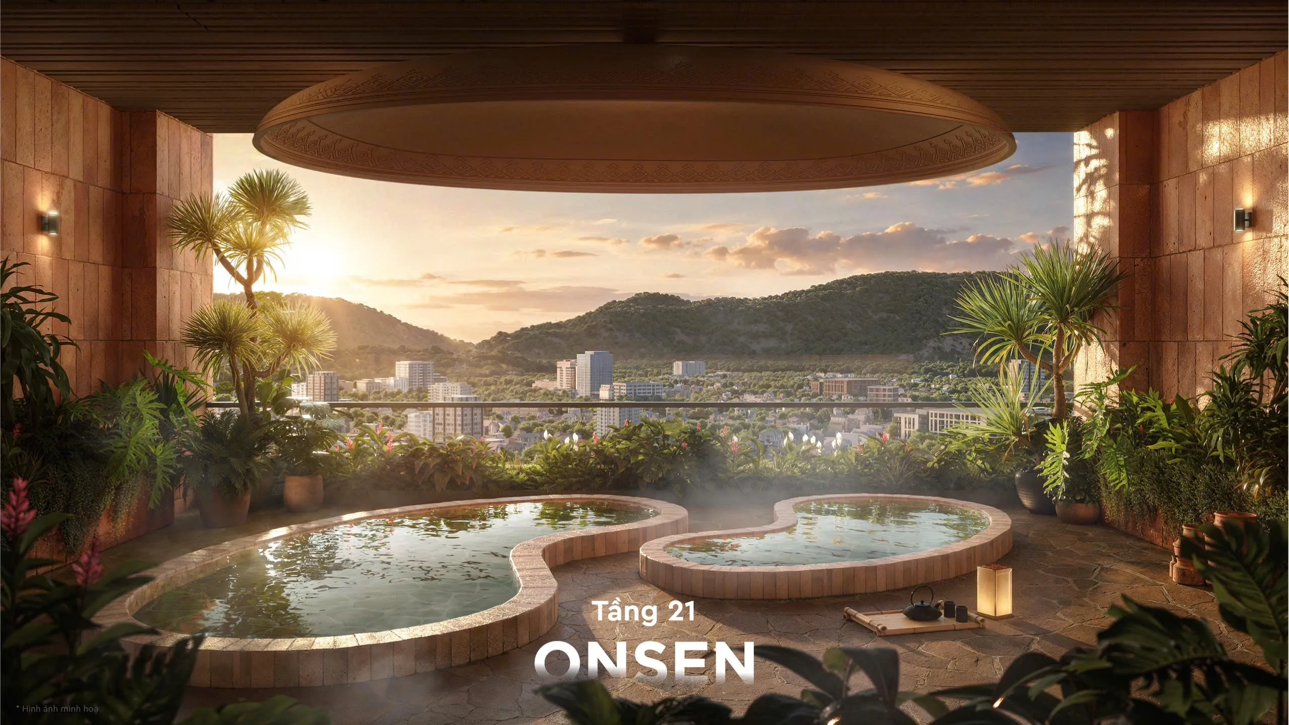 Onsen tầng 21 Q'Terra gồm hai bể ngâm đá nhìn ra thành phố lúc hoàng hôn