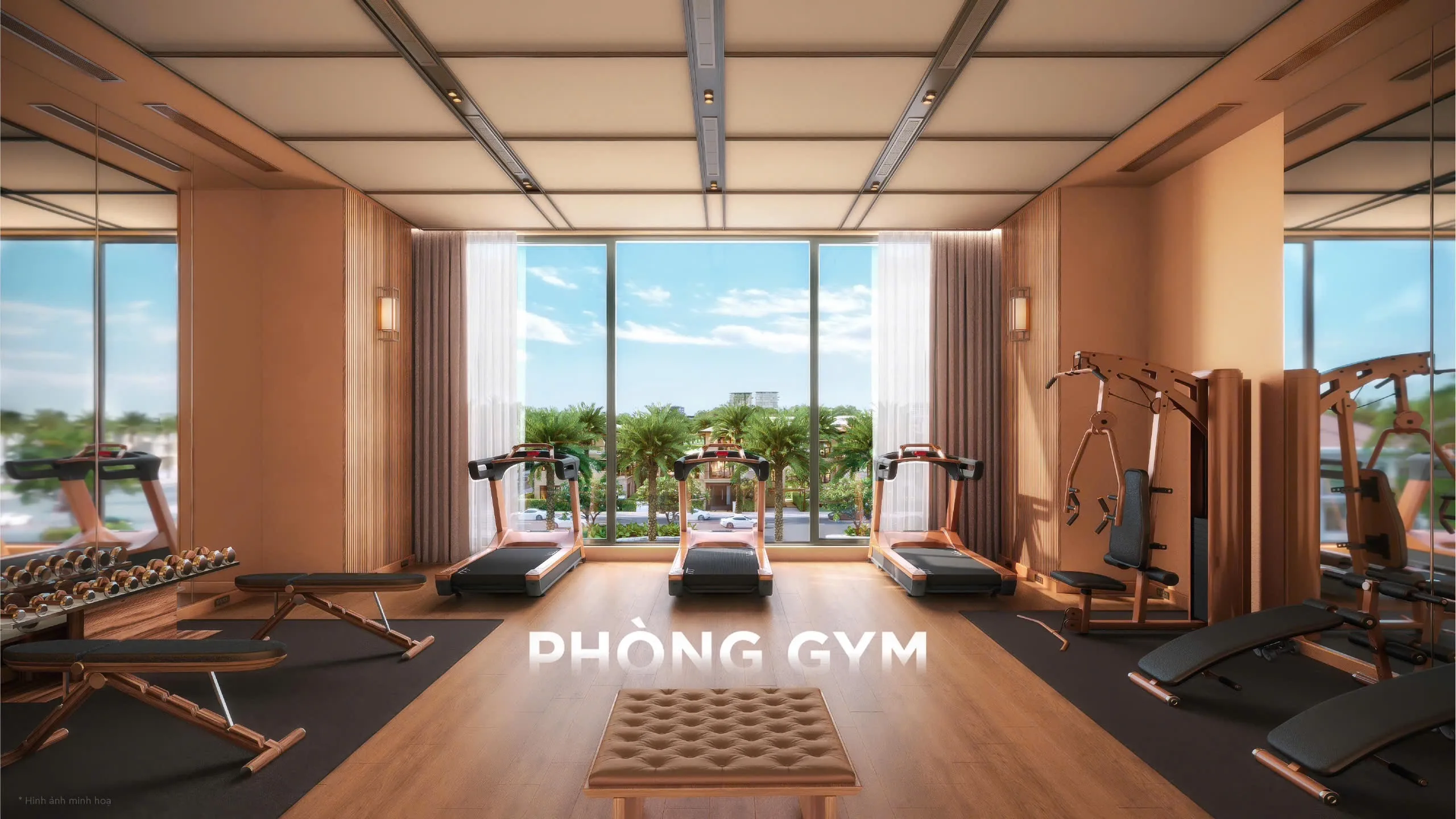 Phòng gym tiện ích căn hộ Q'Terra với máy chạy bộ và cửa kính lớn