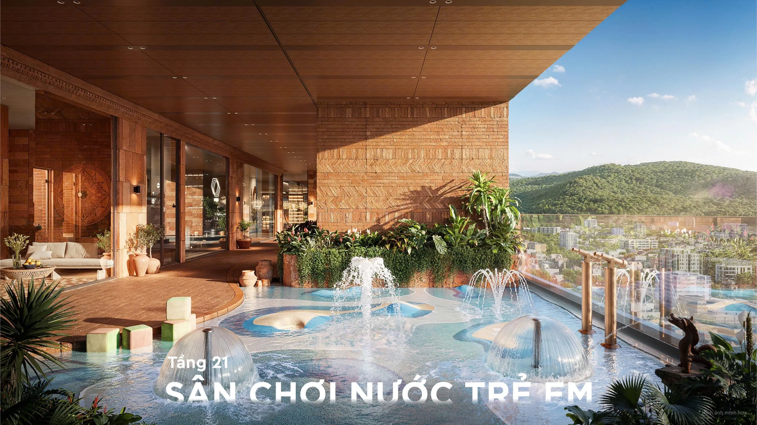 Sân chơi nước trẻ em tầng 21 tại Q'Terra với đài phun nước nhỏ
