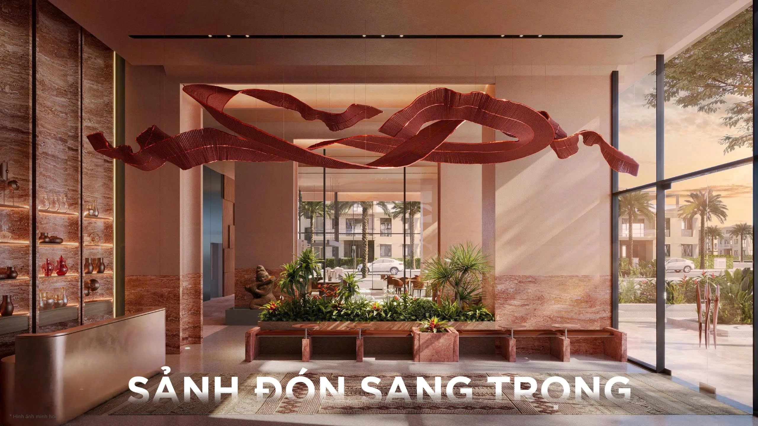 Sảnh đón sang trọng căn hộ Q'Terra ốp đá marble đỏ cam