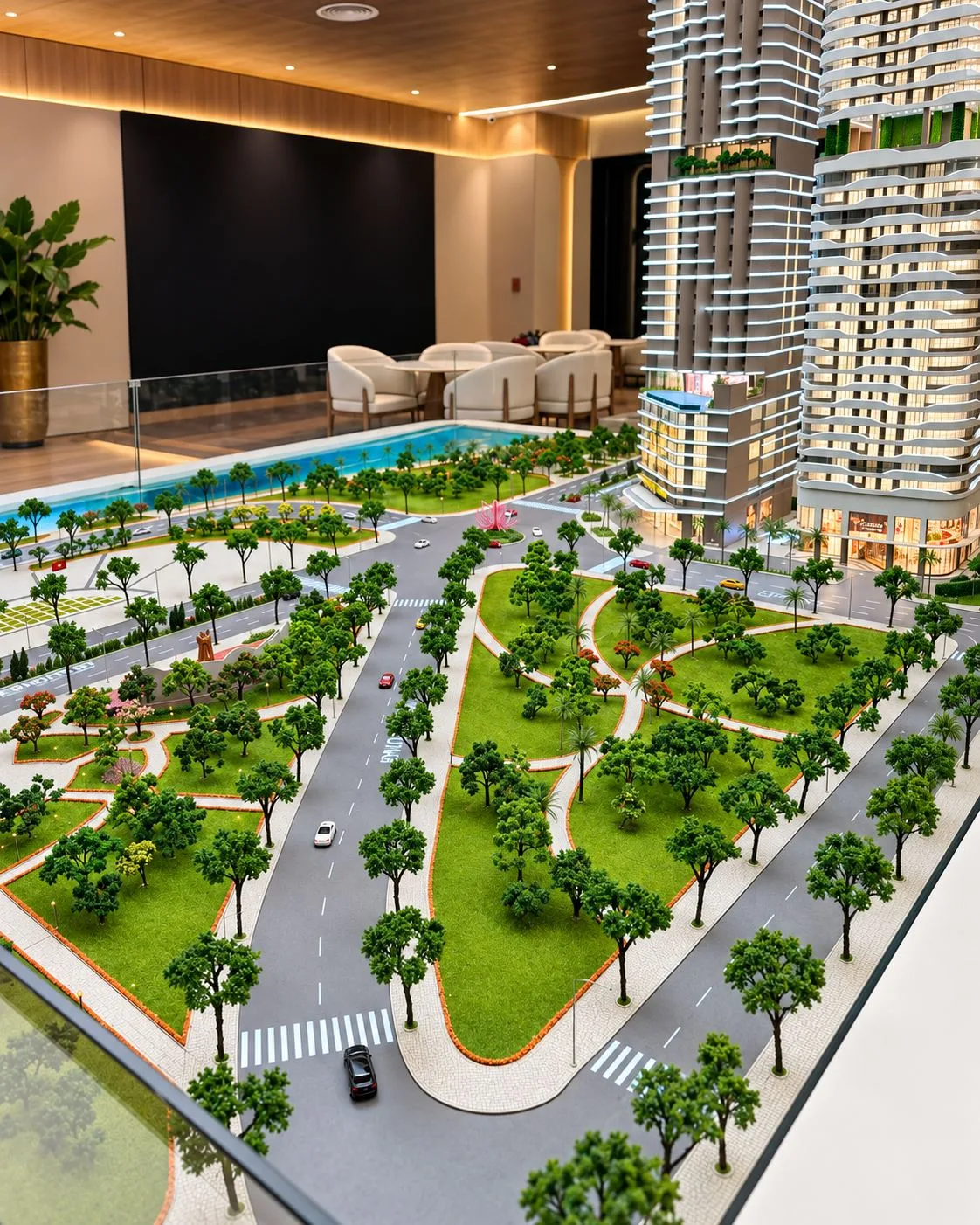 Sa bàn Q Terra Quy Nhơn nhìn từ trên cao thể hiện hệ thống giao thông và cây xanh